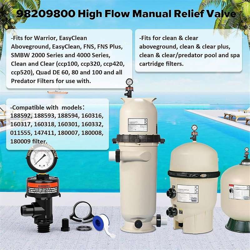 98209800 Pool Filter Pressure Gauge, Manual Bleed Valve Release Valve for Pool and Spa Filters 98209