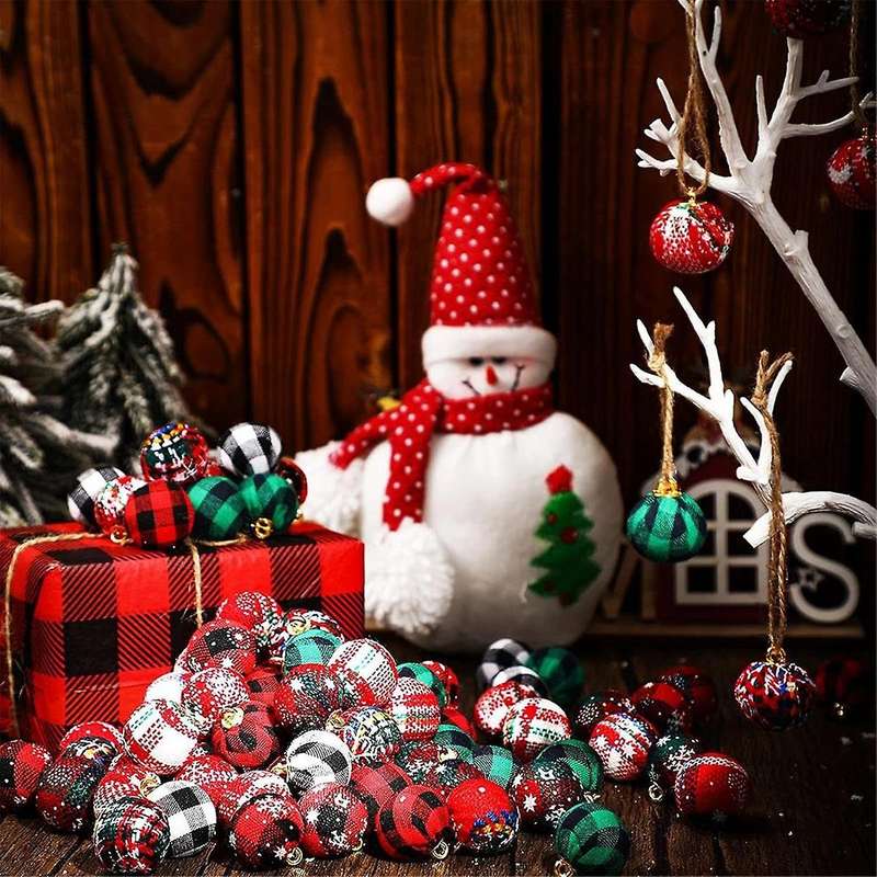 9PCS Christmas Ball Ornaments 3.15Inch Christmas Check Fabric Wrapped Balls Pendants for Christmas D