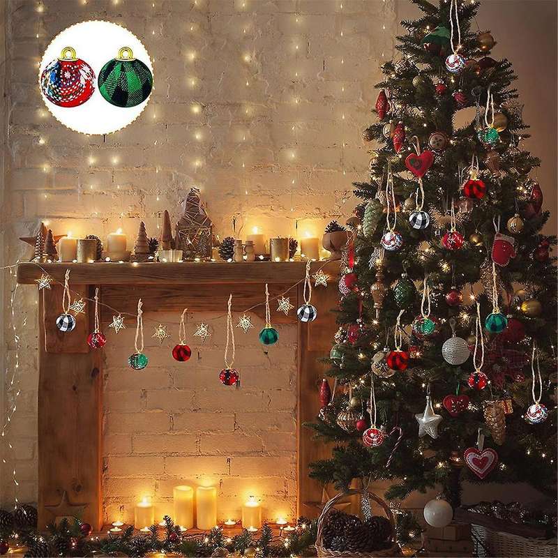 9PCS Christmas Ball Ornaments 3.15Inch Christmas Check Fabric Wrapped Balls Pendants for Christmas D