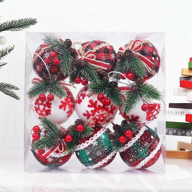 9PCS Christmas Ball Ornaments 3.15Inch Christmas Check Fabric Wrapped Balls Pendants for Christmas D