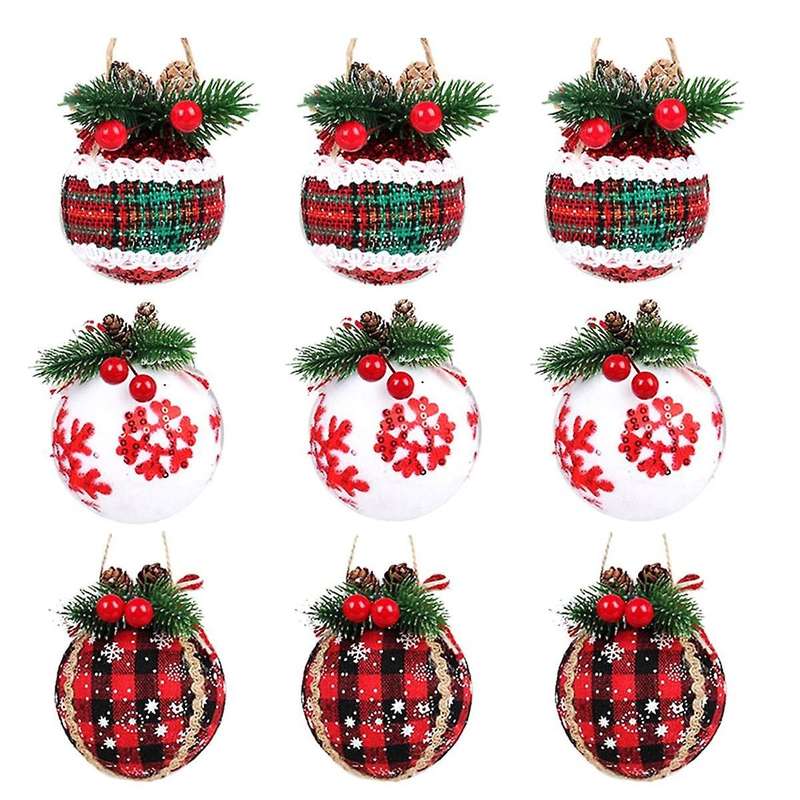 9PCS Christmas Ball Ornaments 3.15Inch Christmas Check Fabric Wrapped Balls Pendants for Christmas D