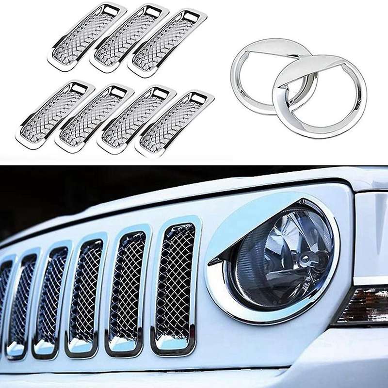 9Pcs Chrome Front Grille Mesh Trim+Head Light Cover Trim for Patriot 2011-2017