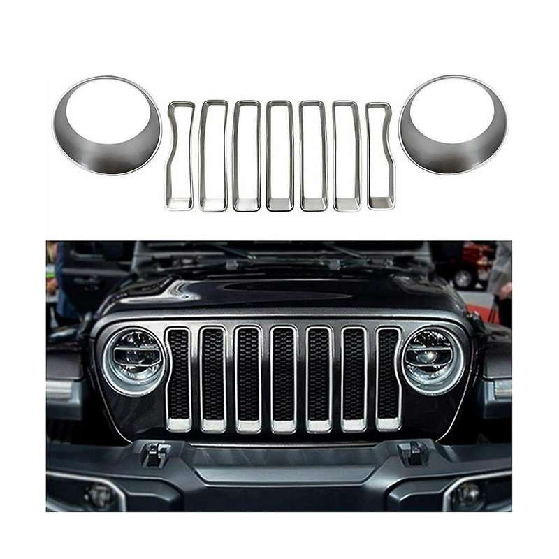 9pcs Front Grille Trim Inserts Grill Cover for Wrangler Jl Jlu Sports 2018-2023 Chrome Headlight De
