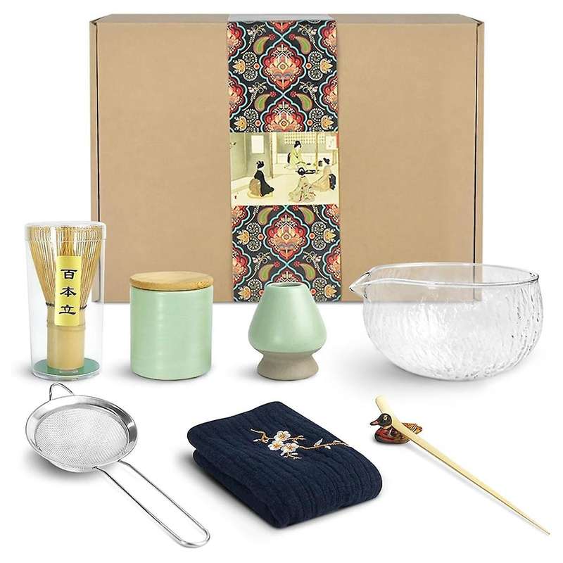 9PCS Japanese Matcha Tea Set, Matcha Bowl with Pouring Spout, Tea Tray, Bamboo Whisk, Handmade Match