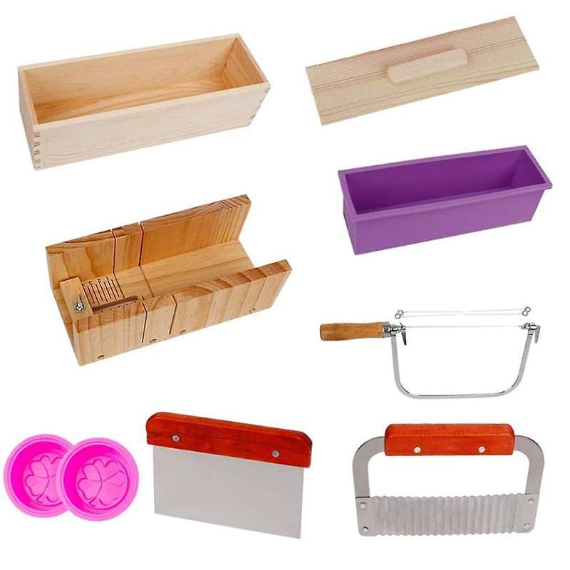 9PCS Silicone Soap Kit,Rectangular Wooden Silicone Soap Mold Cutter SlicerHandmade Soap DIY for Soa