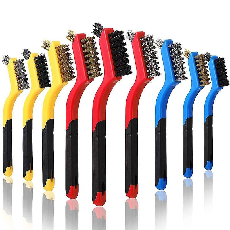 9pcs Wire Brush Set Nylon Brass Stainless Steel Bristles with Curved Handle Grip, for Rust Remover
