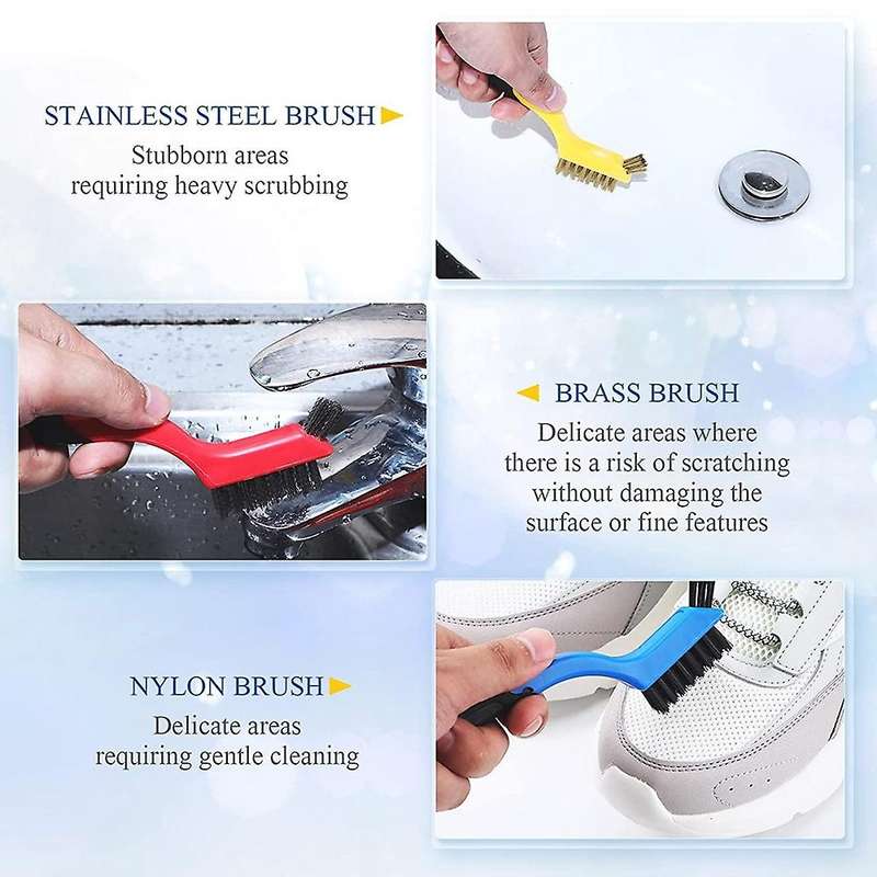 9pcs Wire Brush Set Nylon Brass Stainless Steel Bristles with Curved Handle Grip, for Rust Remover