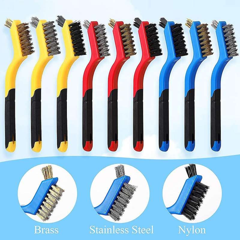 9pcs Wire Brush Set Nylon Brass Stainless Steel Bristles with Curved Handle Grip, for Rust Remover
