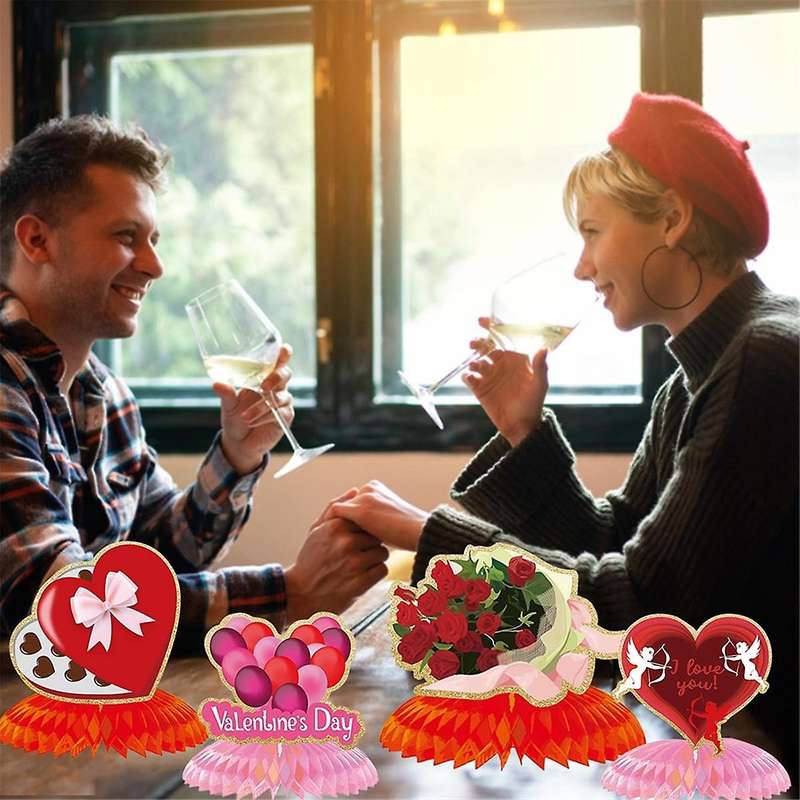 9pieces Vintage Valentine's Day 3d Paper Heart Table Centerpiece Signs Valentines Table Toppers For