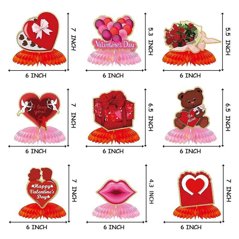9pieces Vintage Valentine's Day 3d Paper Heart Table Centerpiece Signs Valentines Table Toppers For