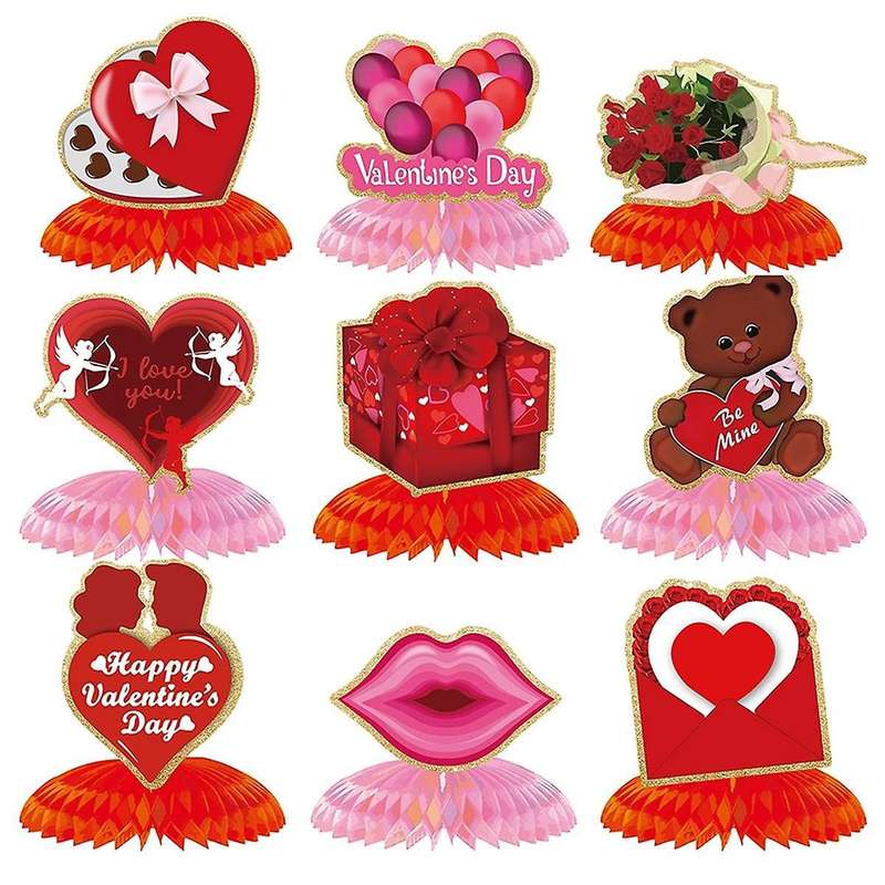 9pieces Vintage Valentine's Day 3d Paper Heart Table Centerpiece Signs Valentines Table Toppers For