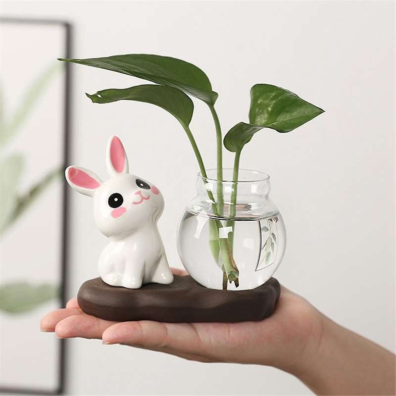 A Cartoon Cute Rabbit Hydroponic Flower Vase Transparent Glass Flower Arrangement Plant Pots Plants