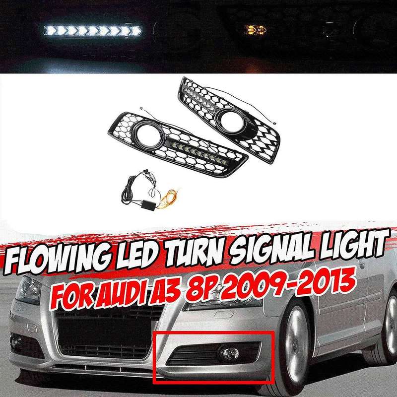A Pair Honeycomb Bumper Fog Light Grill Grille with LED DRL for - A3 8P 2009-2013 8P0807682D 8P08076