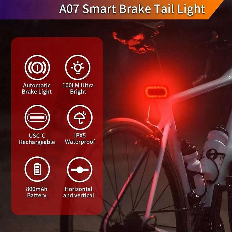 A07 Smart Bike Tail Light Brake Sensing Rear Lights Auto on Off USB Rechargeable Safety Warning Cyc