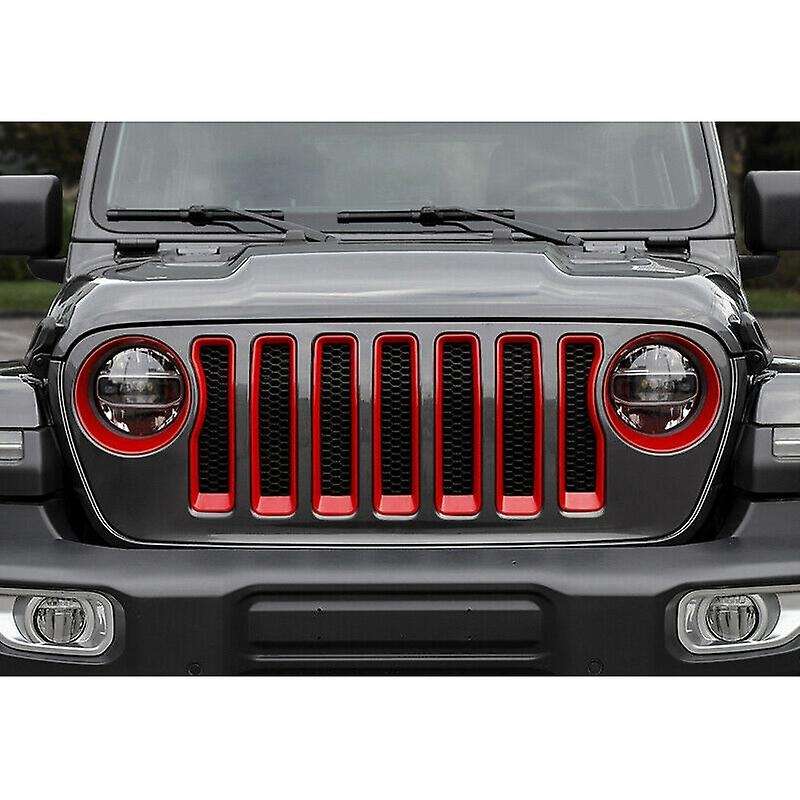 ABS Red Front Mesh Grille+Headlight Trim Cover for Wrangler JL 2018 2019 Accessories