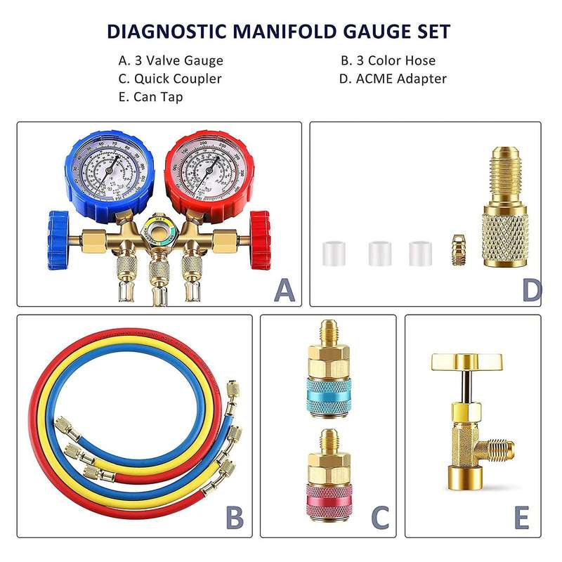 AC Gauges, 3 Way AC Diagnostic Manifold Gauge Set for R134A R12 R22 R502 Refrigerants, with 3FT Hose