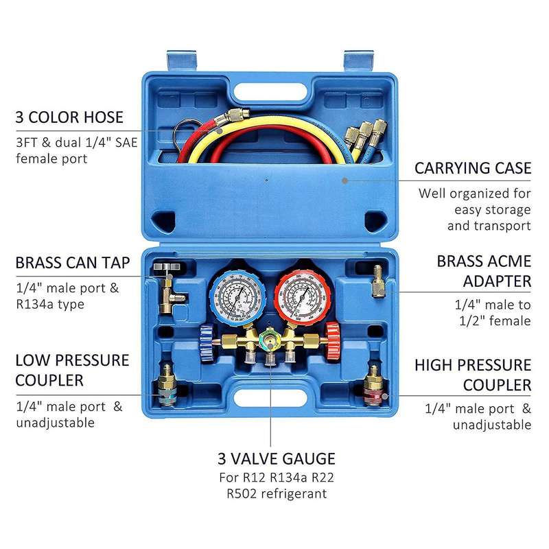 AC Gauges, 3 Way AC Diagnostic Manifold Gauge Set for R134A R12 R22 R502 Refrigerants, with 3FT Hose