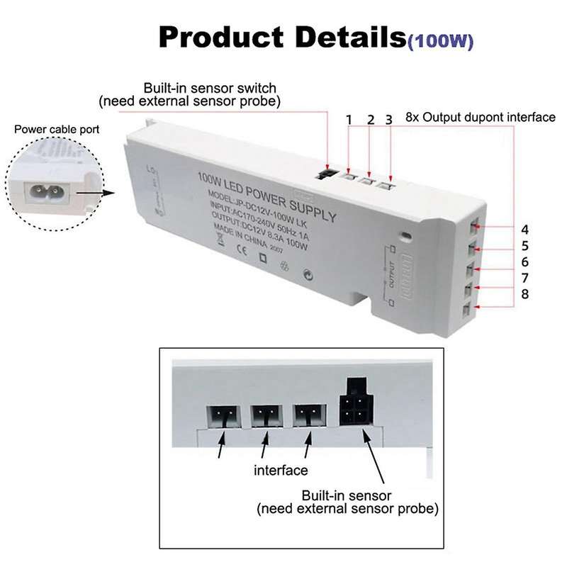 Ac220v to Dc 12v Lighting Transformer Led Cabinet Light Strip Light Power Supply Port Driver 100w Eu