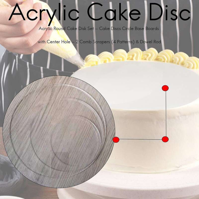 Acrylic Round Cake Disk Set - Cake Discs Circle Base Boards with Center Hole - 2 Comb Scrapers (4 Pa