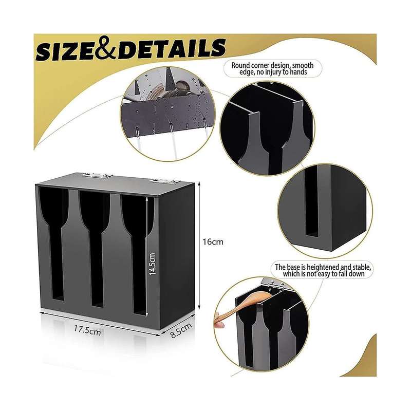 Acrylic Utensil Dispenser Cutlery Organizer with 3 Compartment Black Silverware Holder Plastic Flat