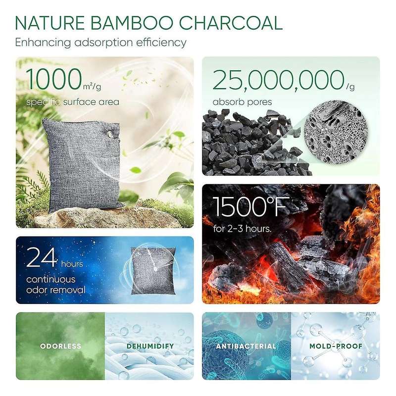 Activated Charcoal Odor Absorber,4x200g with Hooks Nature Odor Eliminator for Strong Odor,Bamboo Cha