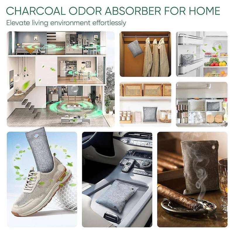 Activated Charcoal Odor Absorber,4x200g with Hooks Nature Odor Eliminator for Strong Odor,Bamboo Cha