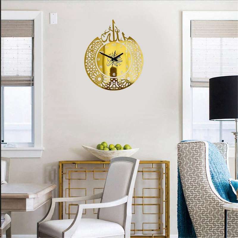 Acrylic Wall Clock Decor Mirror Pendulum Muslim Art Calligraphy Islamic Quartz Wall Decor Clock Bed