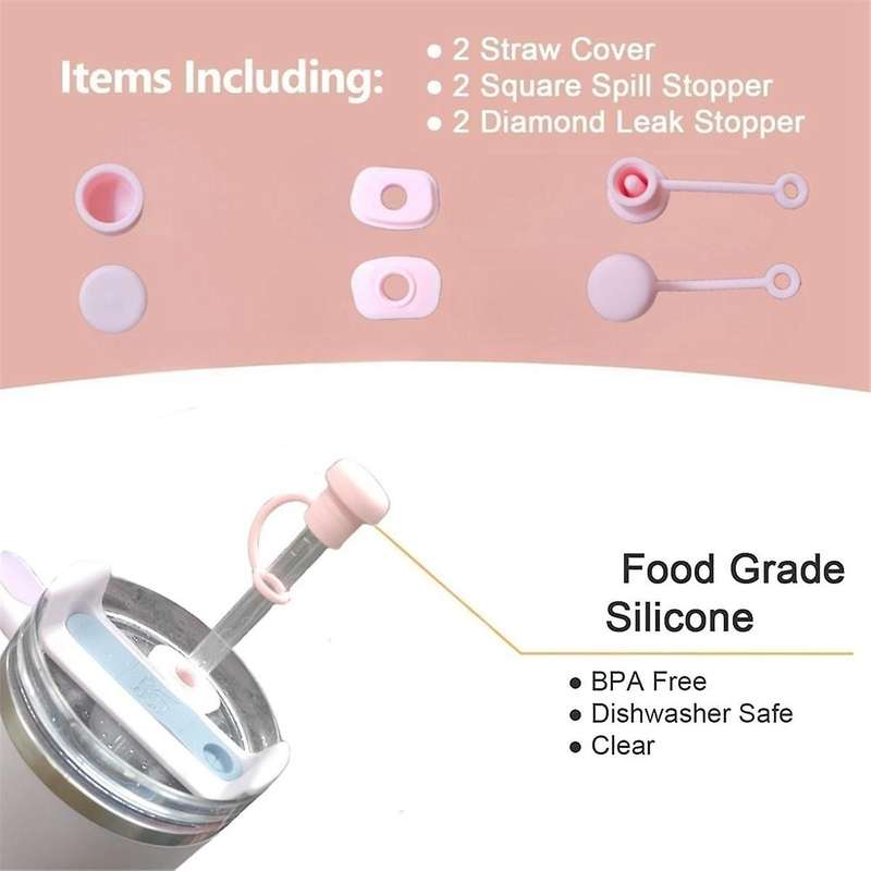 Adjustable Straw Cover Diameter 6mm-10mm ,Dishwasher Safe Clear Suction Straw Dust Plug Pink