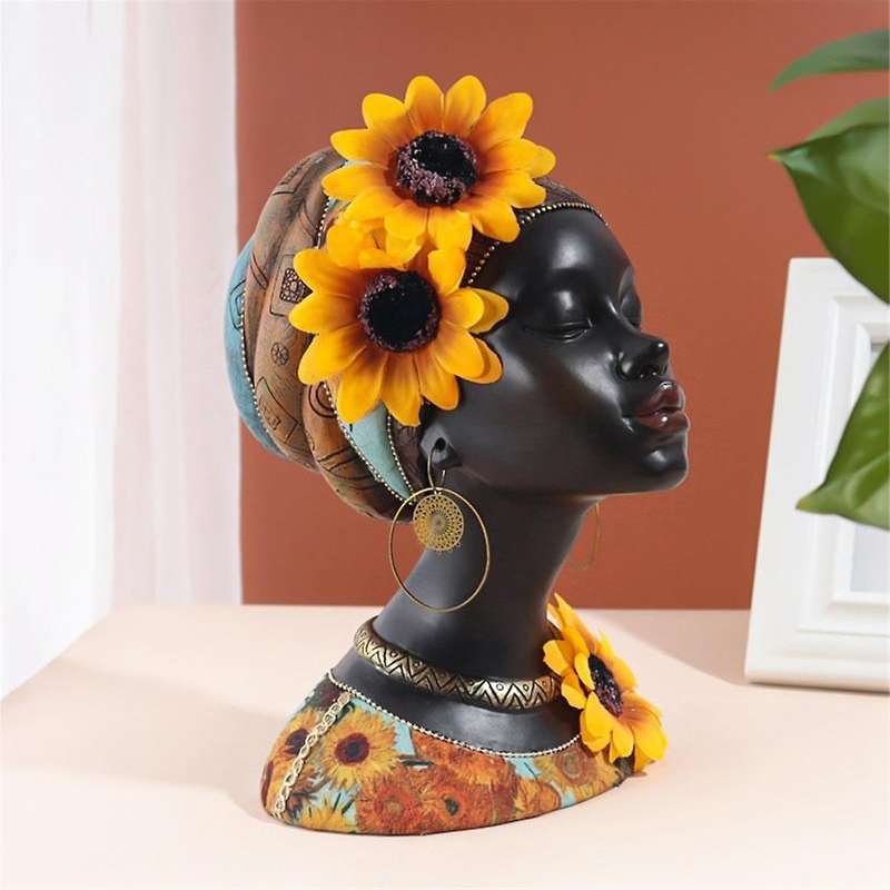 African Art Bust Statue, Home Decor African Sunflower Girl Figurines, Home Decor Resin Black African