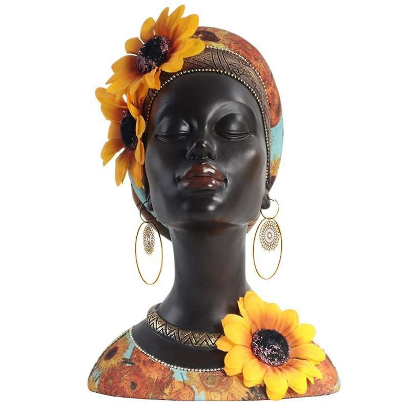 African Art Bust Statue, Home Decor African Sunflower Girl Figurines, Home Decor Resin Black African