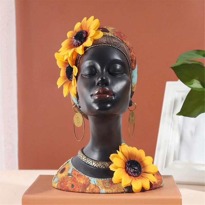 African Art Bust Statue, Home Decor African Sunflower Girl Figurines, Home Decor Resin Black African