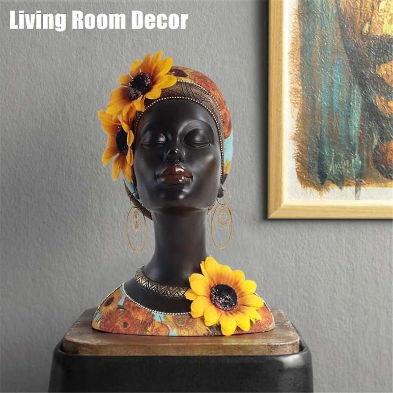 African Art Bust Statue, Home Decor African Sunflower Girl Figurines, Home Decor Resin Black African