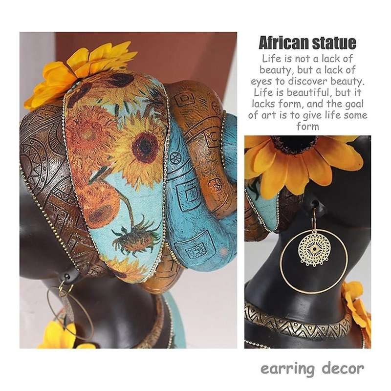 African Art Bust Statue, Home Decor African Sunflower Girl Figurines, Home Decor Resin Black African