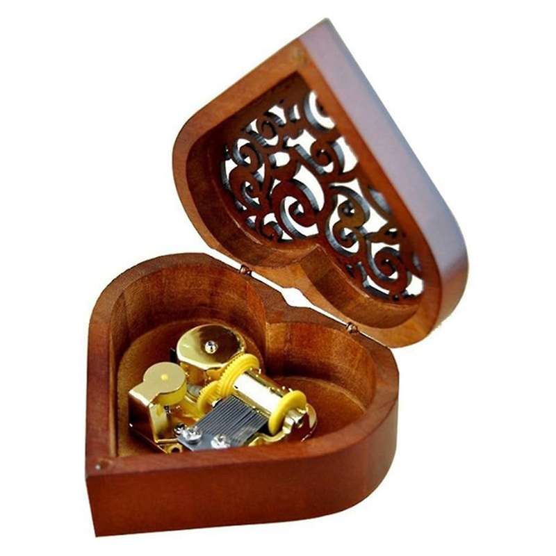 A-heart Shape Vintage Wood Carved Mechanism Musical Box Wind Up Music Box, Christmas/birthday/valent