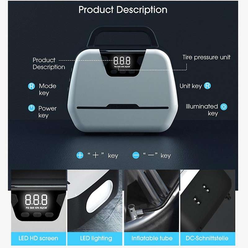 Air Compressor Tire Inflator Dual-Use Portable Air Compressor with Emergency Light Pressure Gauge Ti