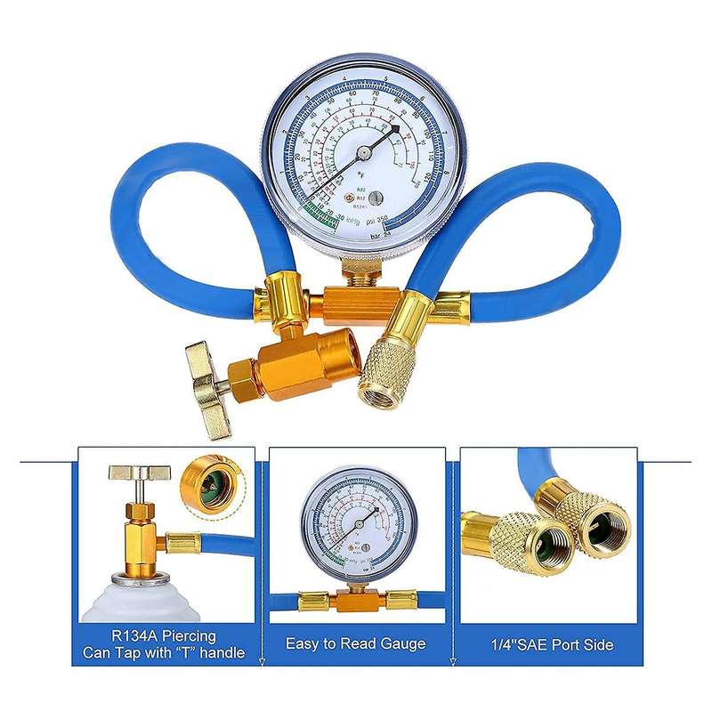 Air Conditioner A/C Oil Dye Injector Low Side Quick Coupler R134A Refrigerant Charging Hose Gauge R1