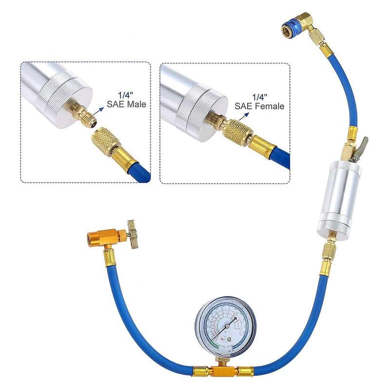 Air Conditioner A/C Oil Dye Injector Low Side Quick Coupler R134A Refrigerant Charging Hose Gauge R1