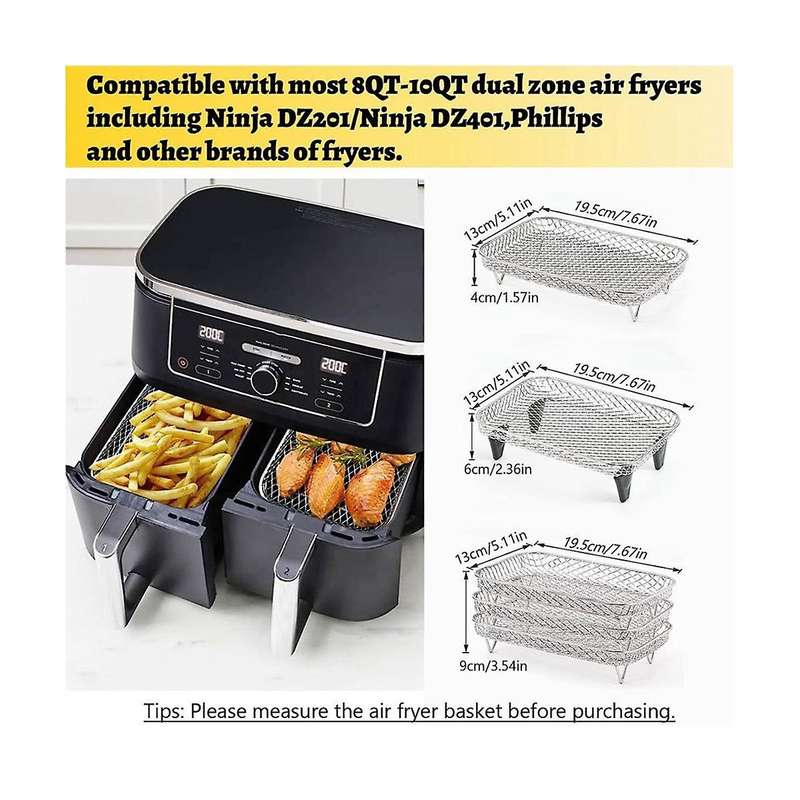 Air Fryer Rack for Ninja Dual Air Fryer, Stackable Stainless Steel Dehydrator Rack, Rectangle Air Fr