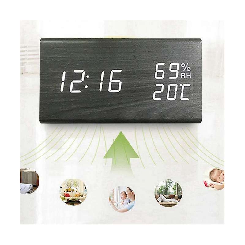 Alarm Clock Digital Wood, Led Table Clock with Humidity and Temperature Display Usb Power Connectio