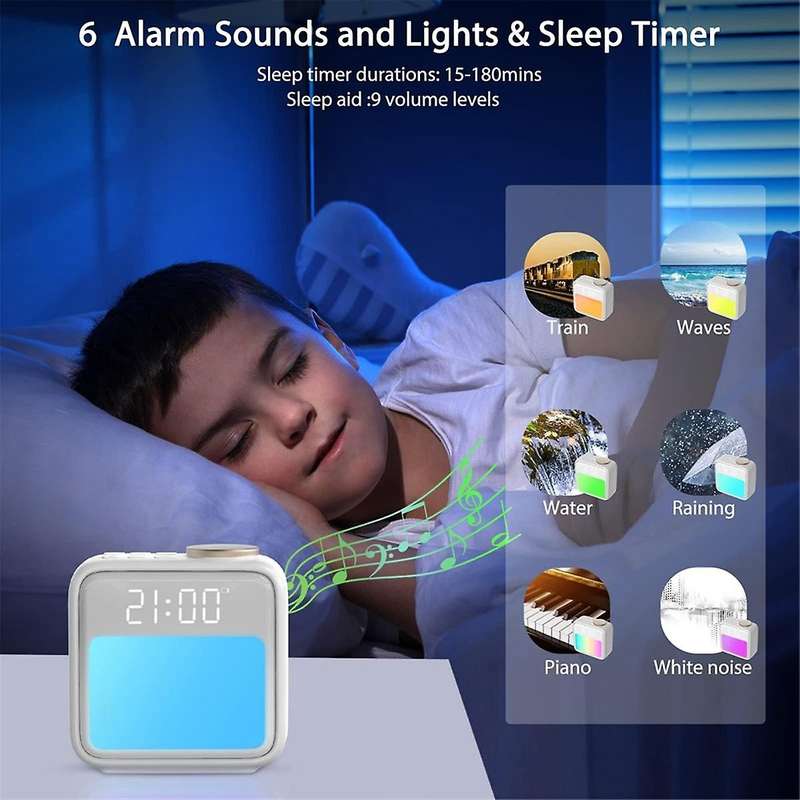 Alarm Clock for Heavy Sleepers with Sleep Aid & Night Light, Wake Up Sounds & RGB Colors, Rechargea
