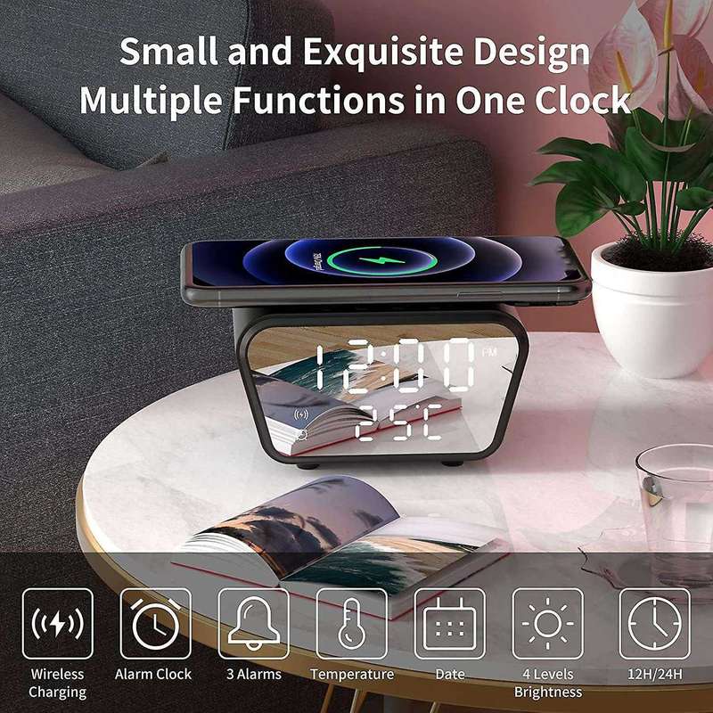 Alarm Clock with Wireless Charging - Alarm Clocks Bedside Mains Powered, 3 Alarms,LED Display with T