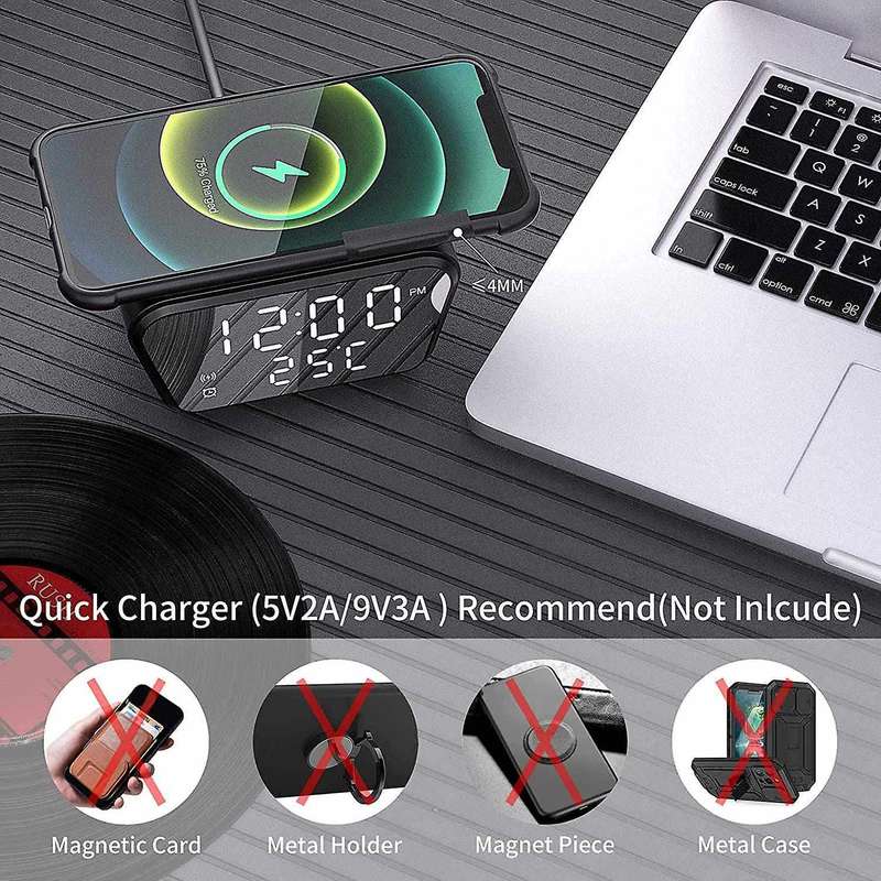 Alarm Clock with Wireless Charging - Alarm Clocks Bedside Mains Powered, 3 Alarms,LED Display with T
