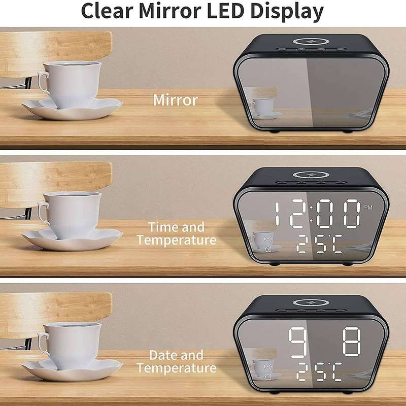 Alarm Clock with Wireless Charging - Alarm Clocks Bedside Mains Powered, 3 Alarms,LED Display with T