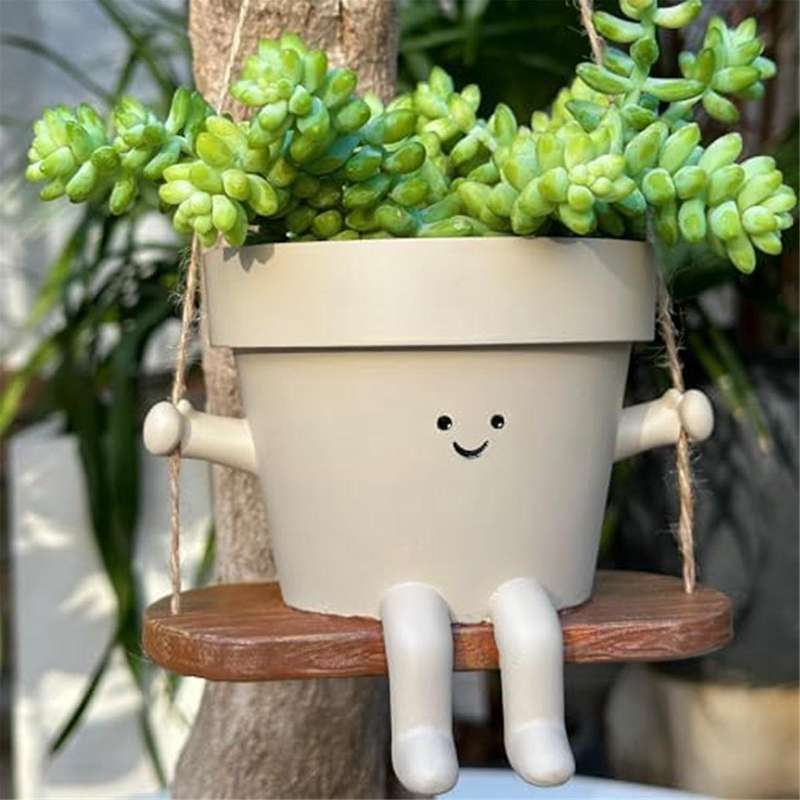 Anging Planter Swing Face Plant Pot - Cute Resin Head Planters for Indoor Outdoor Plant Holder, Succ