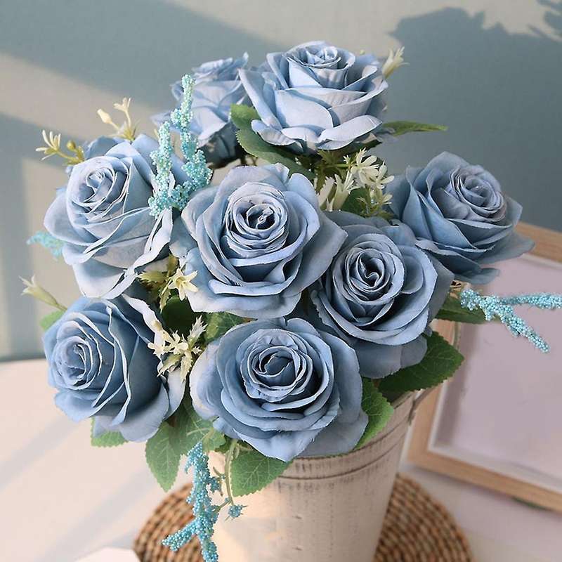 Artificial Blue Roses Flowers Silk Flower Bouquet Home Garden Decoration Wedding Roses Blue