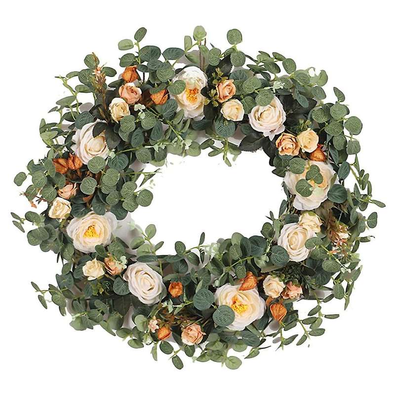 Artificial Eucalyptus Camellia Wreath Spring Wreath for Front Door Farmhouse Wall Window Wedding Par