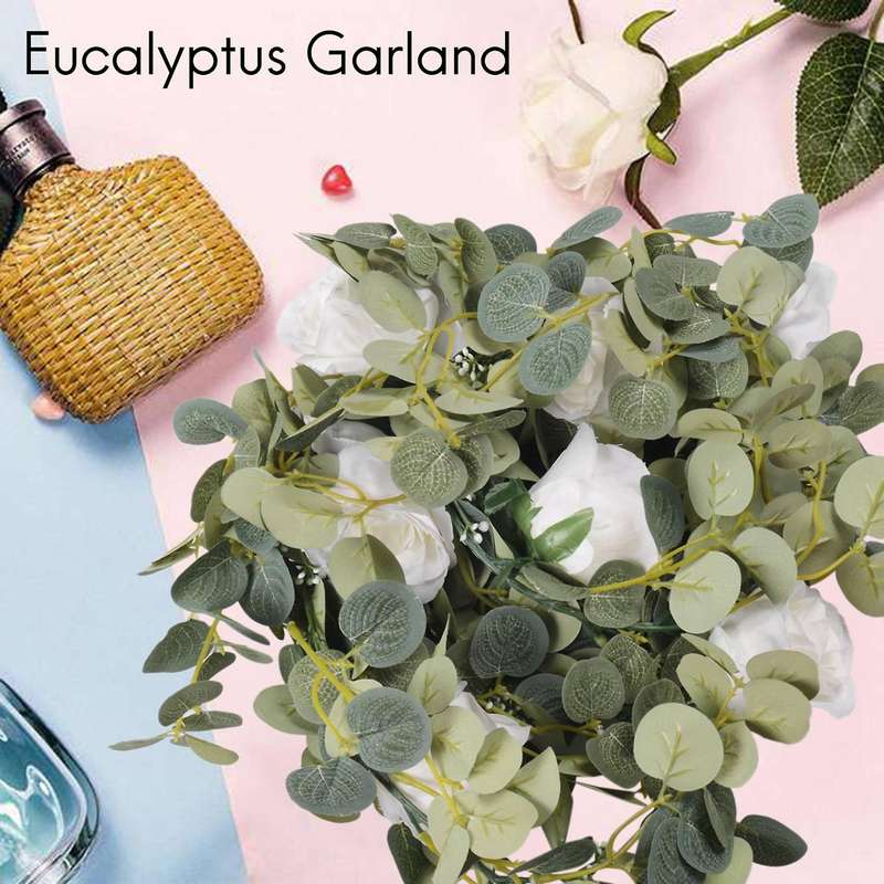 Artificial Dollar Eucalyptus Garland with Roses,Faux Eucalyptus Leaves Vine Hanging for Indoor&Outd