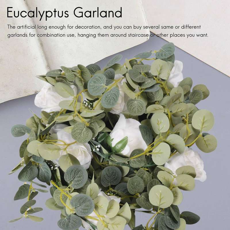 Artificial Dollar Eucalyptus Garland with Roses,Faux Eucalyptus Leaves Vine Hanging for Indoor&Outd