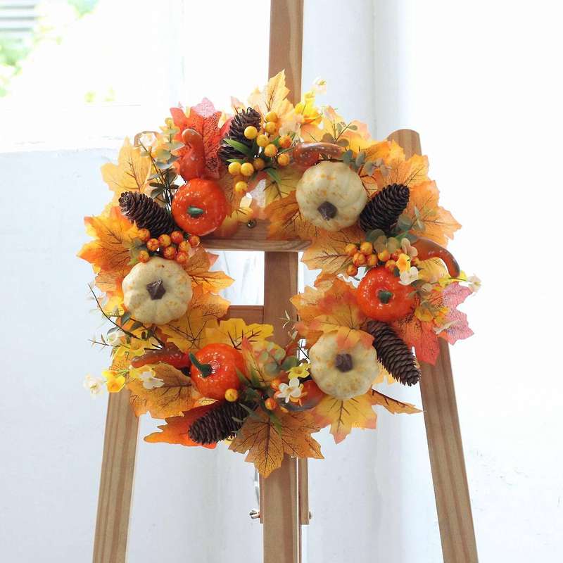 Artificial Fall Wreath - Autumn Wreath with Maple Leaves Pumpkin Pine Cone Berries for Front Door Th