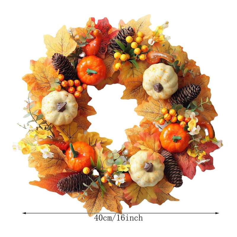 Artificial Fall Wreath - Autumn Wreath with Maple Leaves Pumpkin Pine Cone Berries for Front Door Th